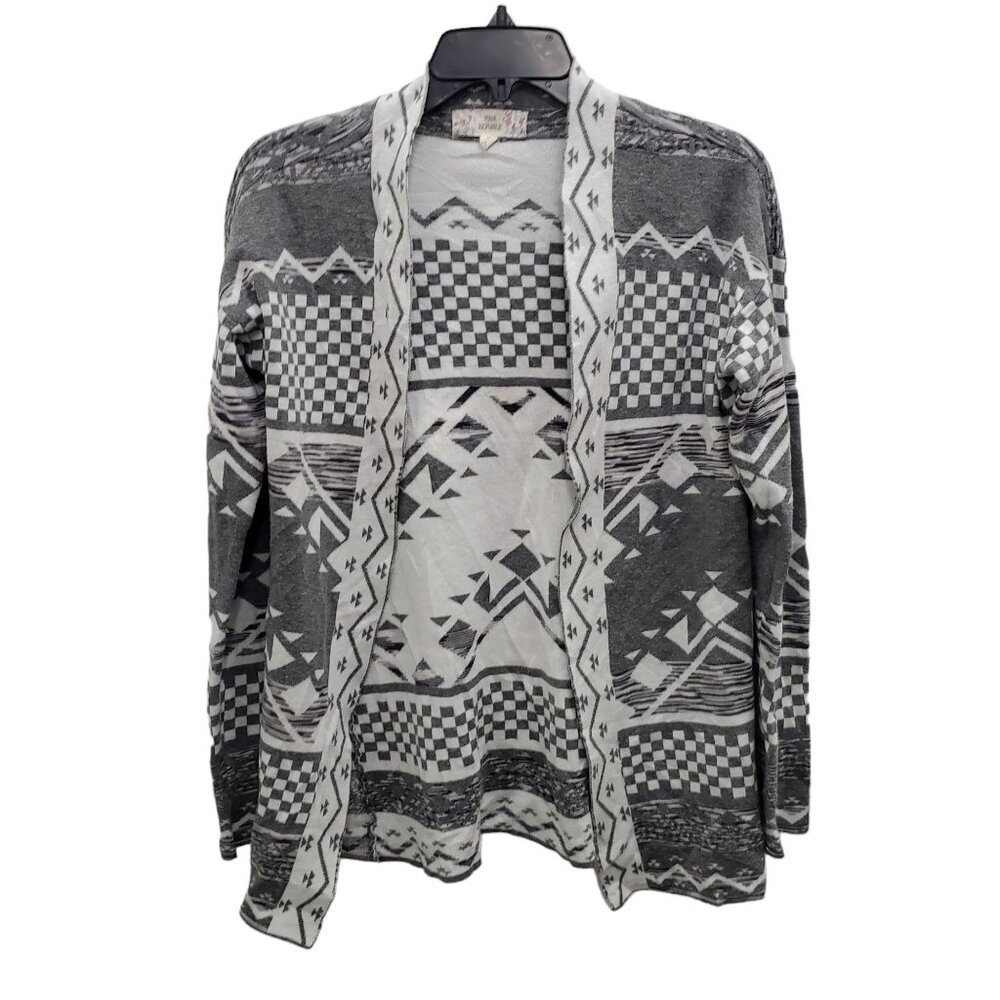 Pink Republic Women's Gray White Soft Aztec Mixed Print Open Front Cardigan Sz M